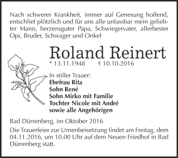 Traueranzeige von Roland Reinert von Super Sonntag Merseburg