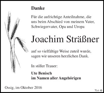 Traueranzeige von Joachim Sträßner von Super Sonntag Zeitz