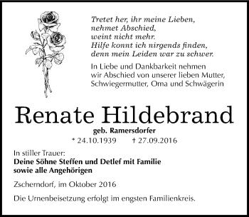 Traueranzeige von Renate Hildebrand von Mitteldeutsche Zeitung Bitterfeld