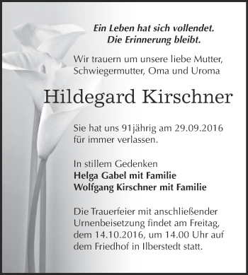 Traueranzeige von Hildegard Kirschner von Super Sonntag Bernburg