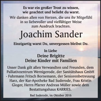 Traueranzeige von Joachim  Sander von WVG - Wochenspiegel Quedlinburg