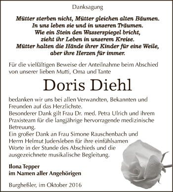 Traueranzeige von Doris Diehl von WVG - Wochenspiegel NMB / WSF / ZTZ