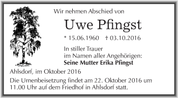 Traueranzeige von Uwe Pfingst von Wochenspiegel Mansfelder Land