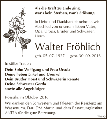 Traueranzeige von Walter Fröhlich von WVG - Wochenspiegel NMB / WSF / ZTZ