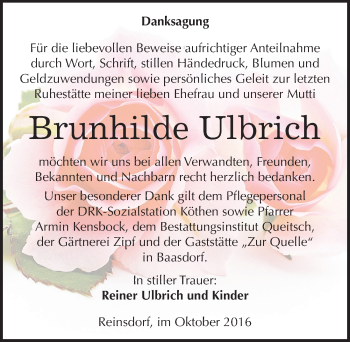 Traueranzeige von Brunhilde Ulbrich von Mitteldeutsche Zeitung Köthen
