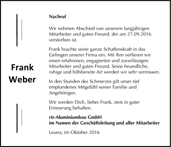 Traueranzeige von Frank Weber von Mitteldeutsche Zeitung Merseburg/Querfurt