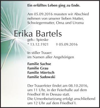 Traueranzeige von Erika Bartels von Mitteldeutsche Zeitung Dessau-Roßlau