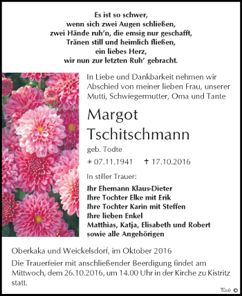 Traueranzeige von Margot Tschitschmann von Super Sonntag Zeitz