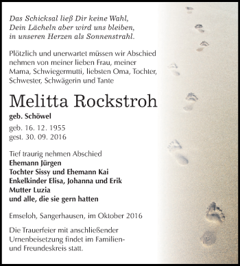 Traueranzeige von Melitta Rockstroh von Super Sonntag SGH Mansf. Land