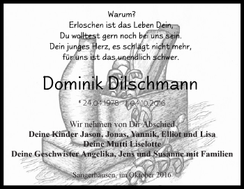 Traueranzeige von Dominik Dilschmann von WVG - Wochenspiegel SGH