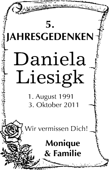 Traueranzeige von Daniela Liesigk von Mitteldeutsche Zeitung Wittenberg