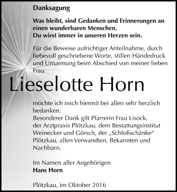 Traueranzeige von Lieselotte Horn von Mitteldeutsche Zeitung Bernburg