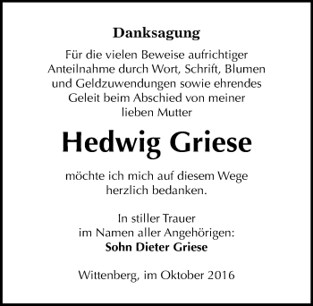 Traueranzeige von Hedwig Griese von Mitteldeutsche Zeitung Wittenberg