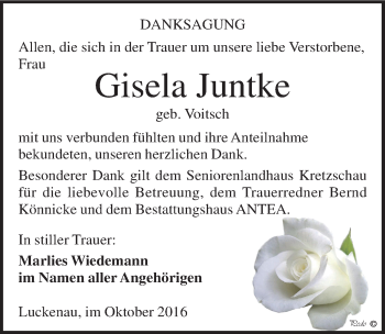 Traueranzeige von Gisela Juntke von Mitteldeutsche Zeitung Zeitz