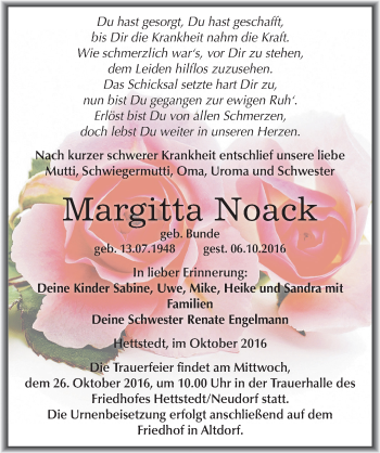 Traueranzeige von Margitta Noack von Mitteldeutsche Zeitung Mansfelder Land