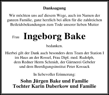 Traueranzeige von Ingeborg Bake von Mitteldeutsche Zeitung Dessau-Roßlau