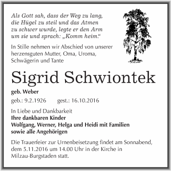 Traueranzeige von Sigrid Schwiontek von WVG - Wochenspiegel Merseburg