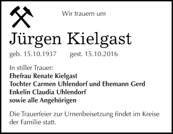 Traueranzeige von Jürgen Kielgast von Super Sonntag SGH Mansf. Land