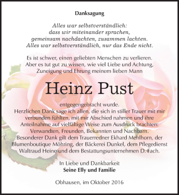 Traueranzeige von Heinz Pust von Mitteldeutsche Zeitung Merseburg/Querfurt