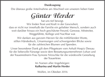 Traueranzeige von Günter Herder von WVG - Wochenspiegel Bitterfeld