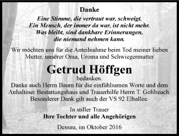 Traueranzeige von Getrud Höffgen von Mitteldeutsche Zeitung Dessau-Roßlau