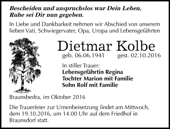 Traueranzeige von Dietmar Kolbe von Mitteldeutsche Zeitung Merseburg/Querfurt