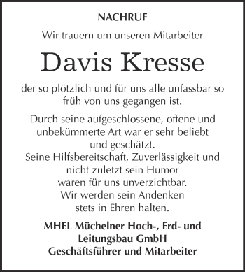 Traueranzeige von Davis Kresse von WVG - Wochenspiegel Merseburg