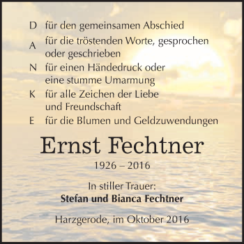 Traueranzeige von Ernst Fechtner von WVG - Wochenspiegel Quedlinburg