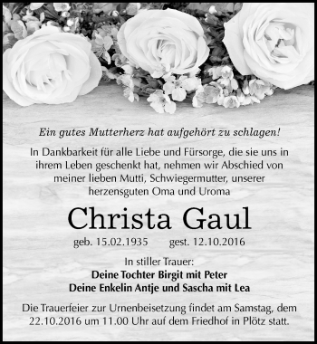 Traueranzeige von Christa Gaul von Mitteldeutsche Zeitung Halle/Saalkreis