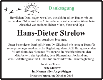 Traueranzeige von Hans-Dieter Strelow von Super Sonntag Quedlinburg