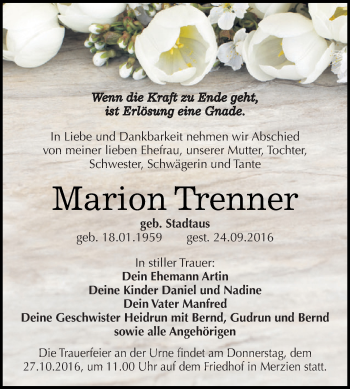 Traueranzeige von Marion Trenner von WVG - Wochenspiegel Dessau / Köthen
