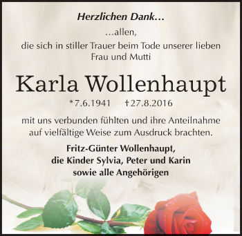 Traueranzeige von Karla Wollenhaupt von Mitteldeutsche Zeitung Bitterfeld