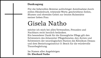 Traueranzeige von Gisela Natho von Mitteldeutsche Zeitung Dessau-Roßlau