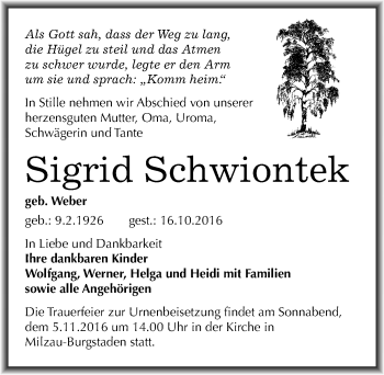 Traueranzeige von Sigrid Schwiontek von Mitteldeutsche Zeitung Merseburg/Querfurt
