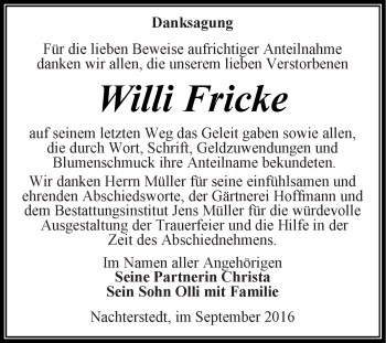 Traueranzeige von Willi Fricke von Super Sonntag Aschersleben
