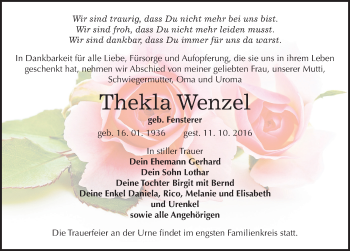 Traueranzeige von Thekla Wenzel von Mitteldeutsche Zeitung Sangerhausen