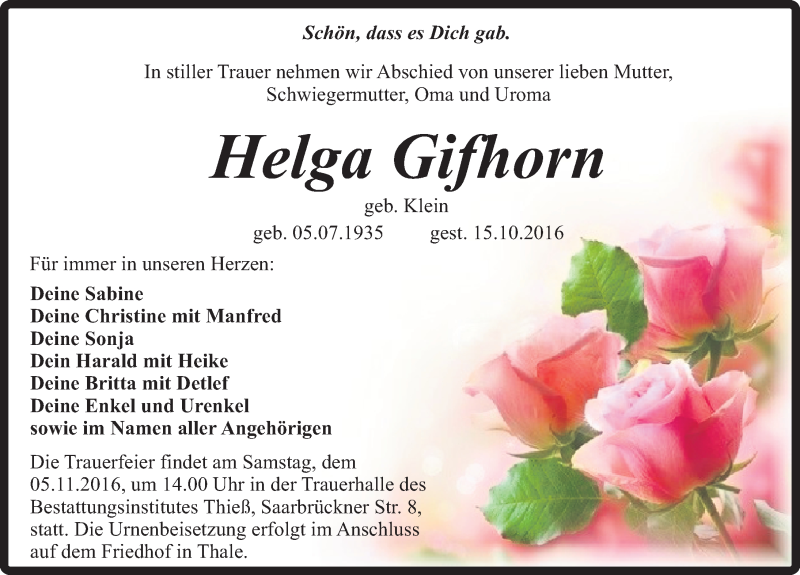  Traueranzeige für Helga Gifhorn vom 22.10.2016 aus Mitteldeutsche Zeitung Quedlinburg