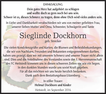 Traueranzeige von Sieglinde Dockhorn von Wochenspiegel Mansfelder Land