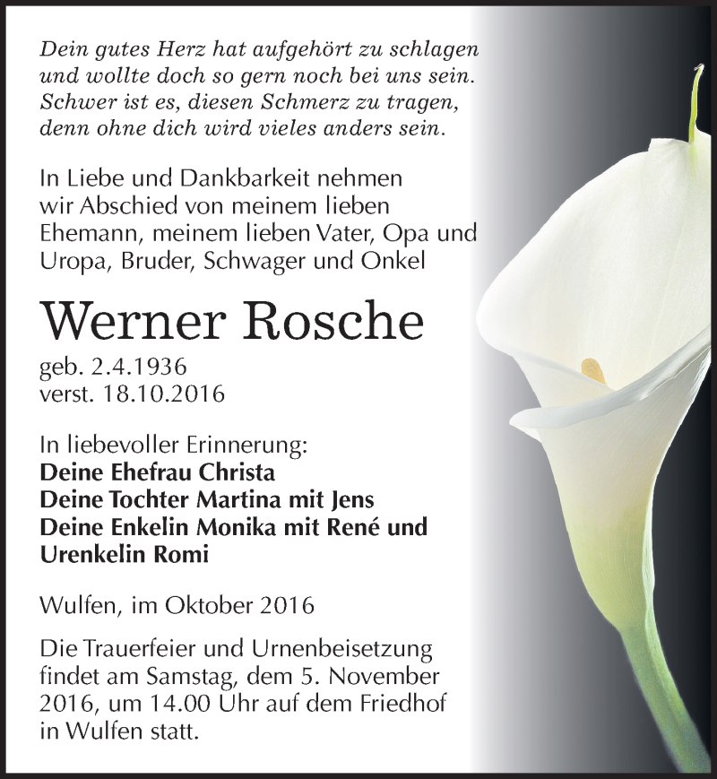  Traueranzeige für Werner Rosche vom 20.10.2016 aus Mitteldeutsche Zeitung Köthen