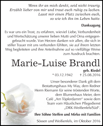 Traueranzeige von Marie Luise Brandl von WVG - Wochenspiegel NMB / WSF / ZTZ