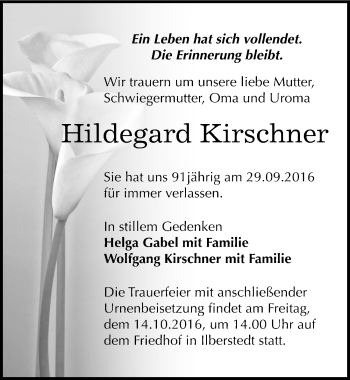 Traueranzeige von Hildegard Kirschner von Mitteldeutsche Zeitung Bernburg