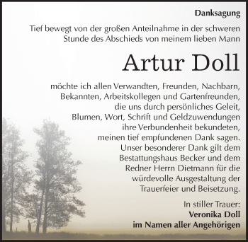 Traueranzeige von Artur Doll von Mitteldeutsche Zeitung Sangerhausen