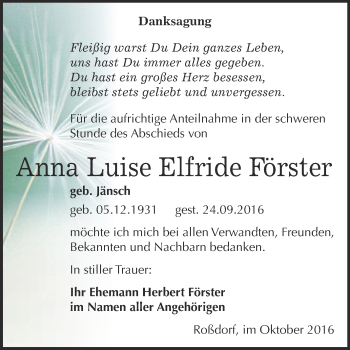 Traueranzeige von Anna Luise Elfride Förster von WVG - Wochenspiegel Bitterfeld