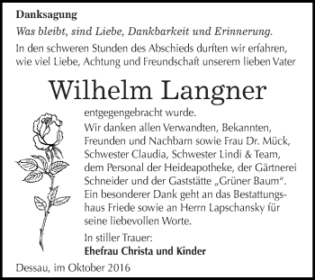 Traueranzeige von Wilhelm Langner von WVG - Wochenspiegel Dessau / Köthen