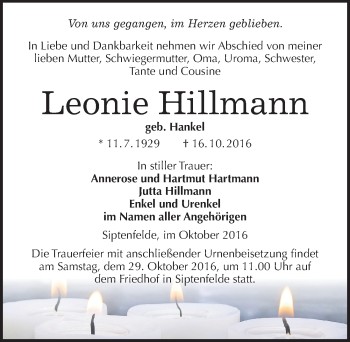 Traueranzeige von Leonie Hillmann von Mitteldeutsche Zeitung Quedlinburg