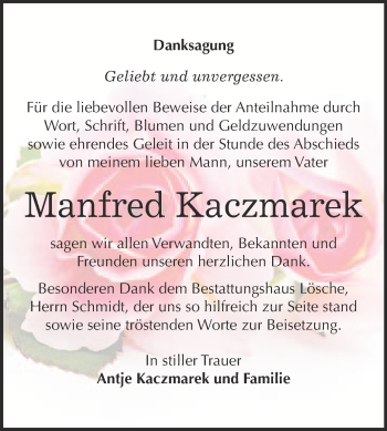 Traueranzeige von Manfred Kaczmarek von Super Sonntag Wittenberg
