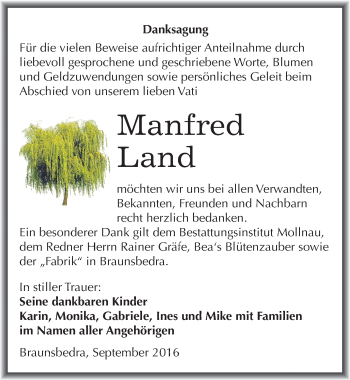 Traueranzeige von Manfred Land von Mitteldeutsche Zeitung Merseburg/Querfurt