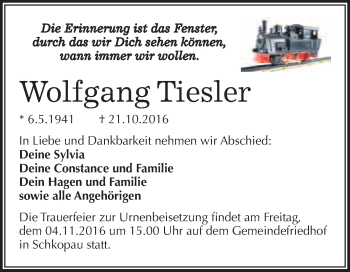 Traueranzeige von Wolfgang Tiesler von WVG - Wochenspiegel Merseburg