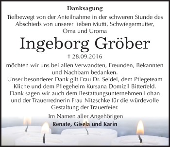 Traueranzeige von Ingeborg Gröber von Mitteldeutsche Zeitung Bitterfeld