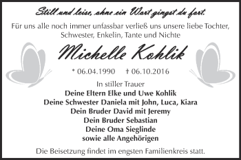 Traueranzeige von Michelle Kohlik von WVG - Wochenspiegel Dessau / Köthen